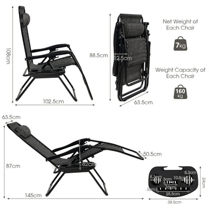 Patio Zero Gravity Lounge Chair with Cup Holder &amp;amp; Removable Pillow-Grey-2 pieces