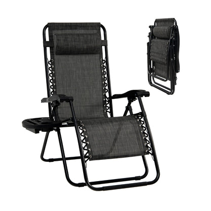 Patio Zero Gravity Lounge Chair with Cup Holder &amp;amp; Removable Pillow-Grey-2 pieces