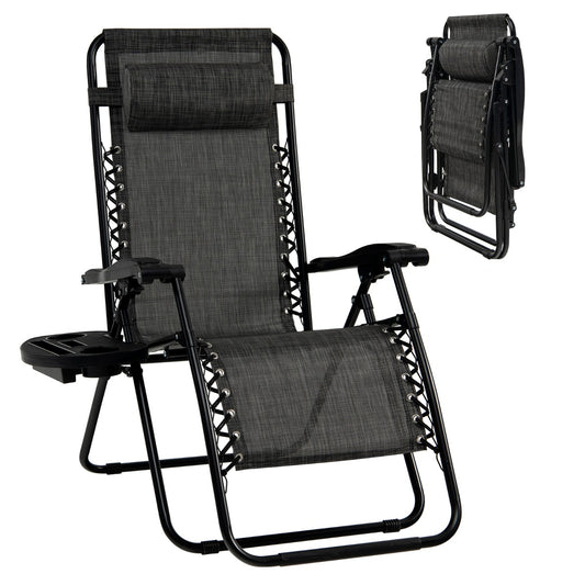Patio Zero Gravity Lounge Chair with Cup Holder &amp;amp; Removable Pillow-Grey-2 pieces
