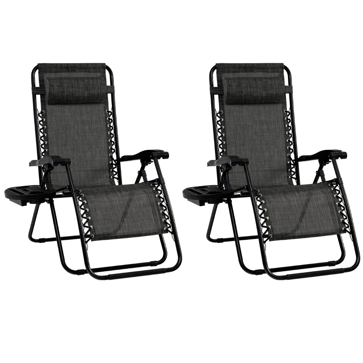 Patio Zero Gravity Lounge Chair with Cup Holder &amp;amp; Removable Pillow-Grey-2 pieces