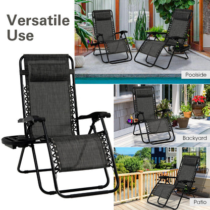 Patio Zero Gravity Lounge Chair with Cup Holder &amp;amp; Removable Pillow-Grey-2 pieces