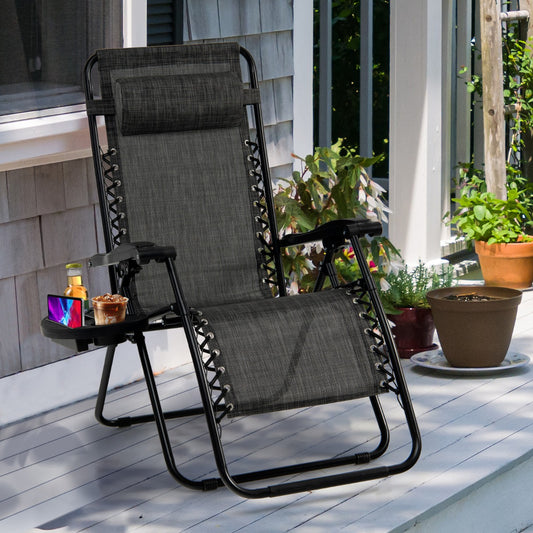 Patio Zero Gravity Lounge Chair with Cup Holder &amp;amp; Removable Pillow-Grey-2 pieces