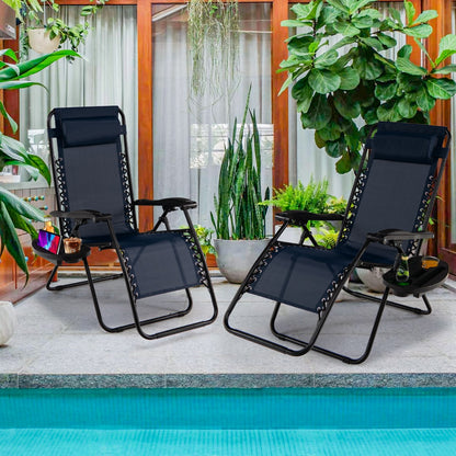 Patio Zero Gravity Lounge Chair with Cup Holder &amp;amp; Removable Pillow-Navy-2 pieces