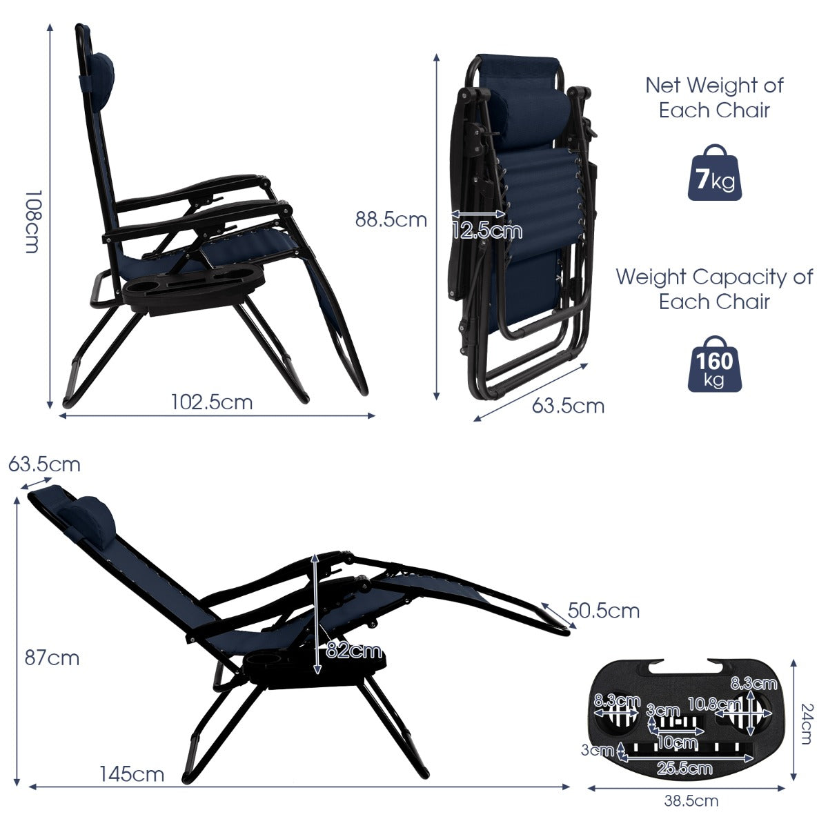 Patio Zero Gravity Lounge Chair with Cup Holder &amp;amp; Removable Pillow-Navy-2 pieces