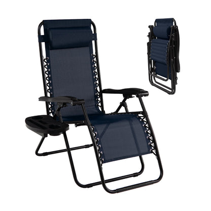 Patio Zero Gravity Lounge Chair with Cup Holder &amp;amp; Removable Pillow-Navy-2 pieces
