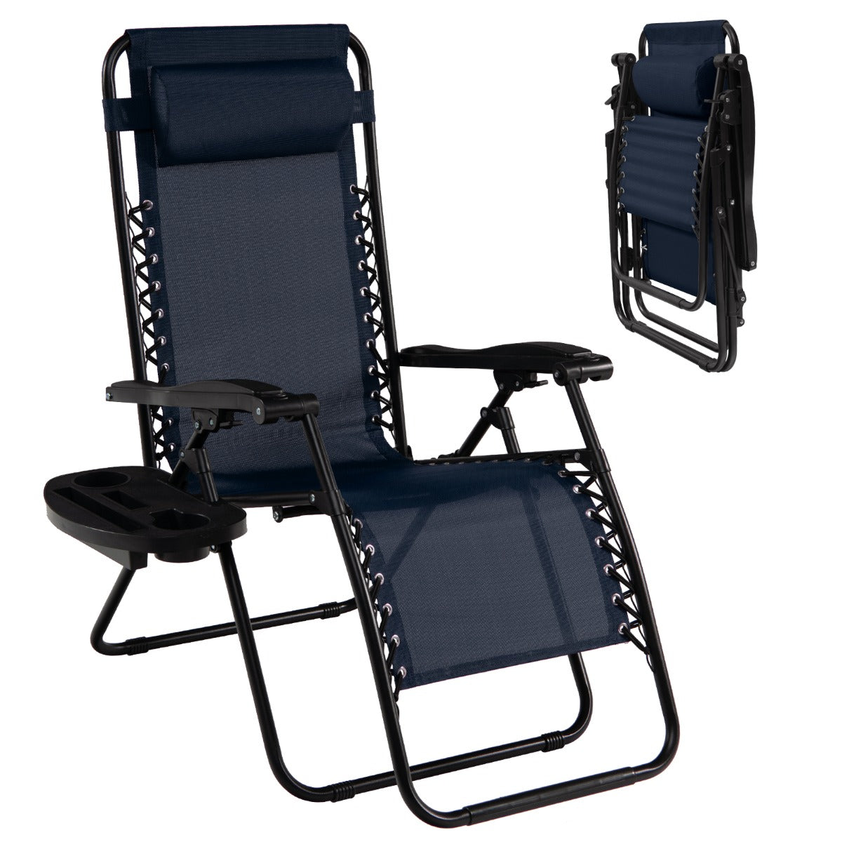 Patio Zero Gravity Lounge Chair with Cup Holder &amp;amp; Removable Pillow-Navy-2 pieces