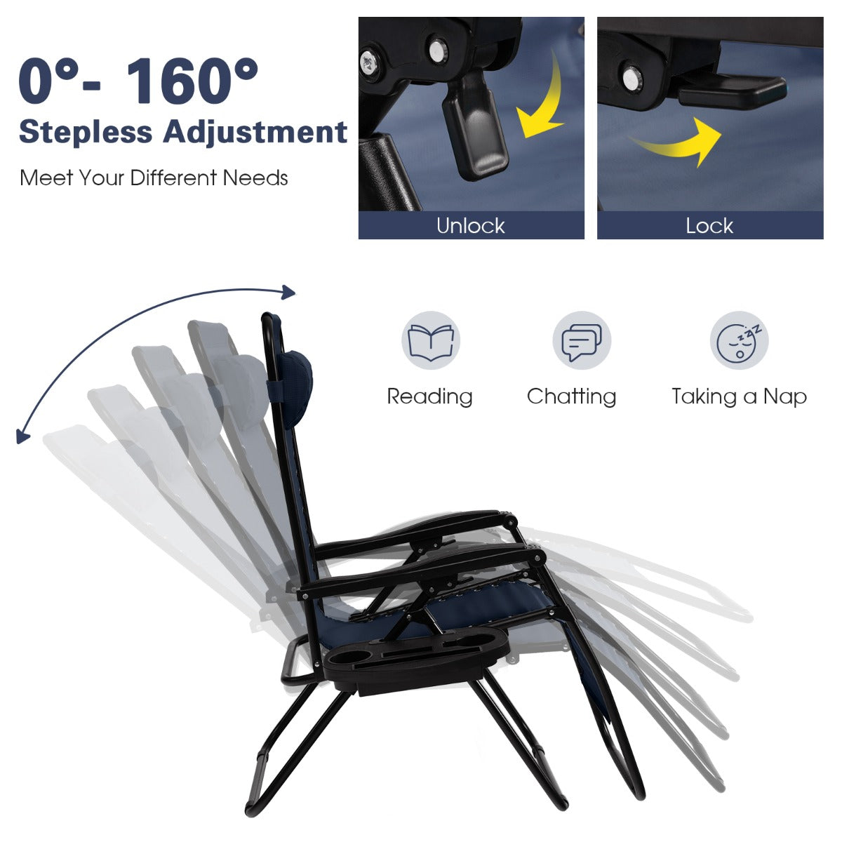 Patio Zero Gravity Lounge Chair with Cup Holder &amp;amp; Removable Pillow-Navy-2 pieces