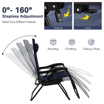Patio Zero Gravity Lounge Chair with Cup Holder &amp;amp; Removable Pillow-Navy-2 pieces