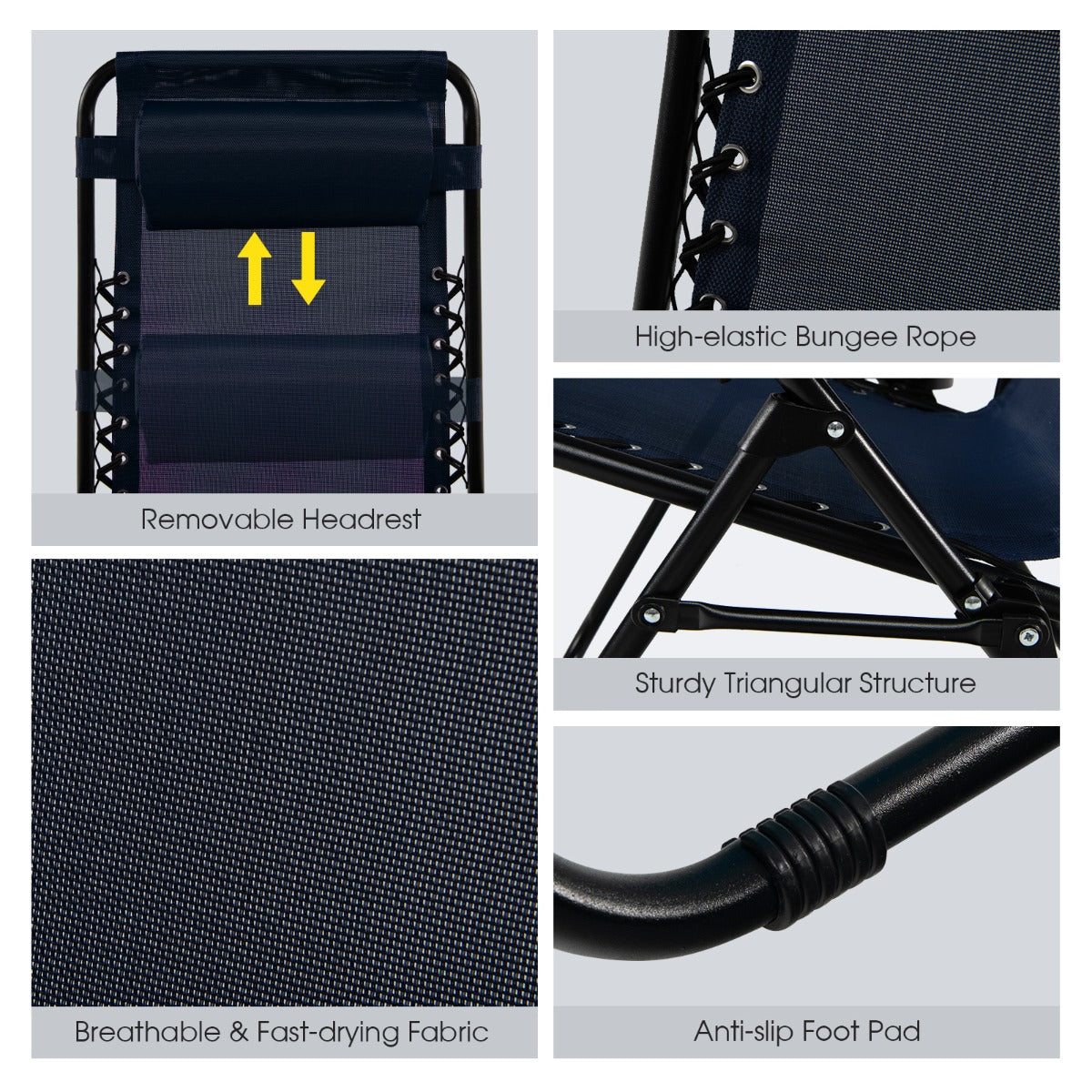 Patio Zero Gravity Lounge Chair with Cup Holder &amp;amp; Removable Pillow-Navy-2 pieces
