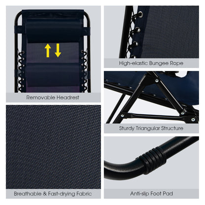 Patio Zero Gravity Lounge Chair with Cup Holder &amp;amp; Removable Pillow-Navy-2 pieces
