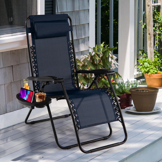 Patio Zero Gravity Lounge Chair with Cup Holder &amp;amp; Removable Pillow-Navy-2 pieces