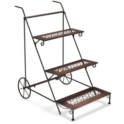 3-Tier Metal Ladder Shaped Plant Stand with Wheels & Handle