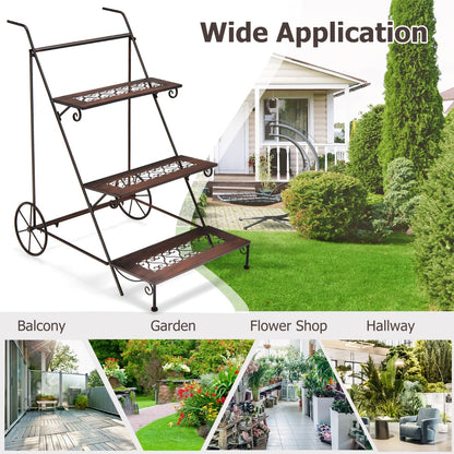3-Tier Metal Ladder Shaped Plant Stand with Wheels & Handle