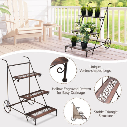 3-Tier Metal Ladder Shaped Plant Stand with Wheels & Handle
