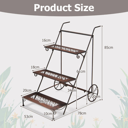 3-Tier Metal Ladder Shaped Plant Stand with Wheels & Handle