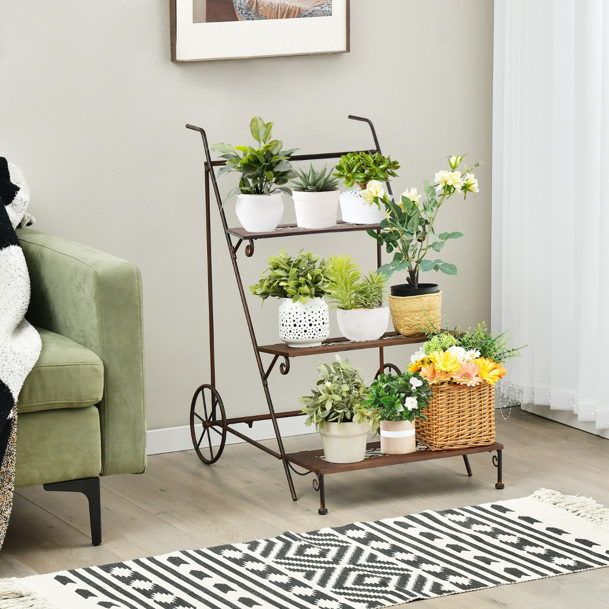 3-Tier Metal Ladder Shaped Plant Stand with Wheels & Handle