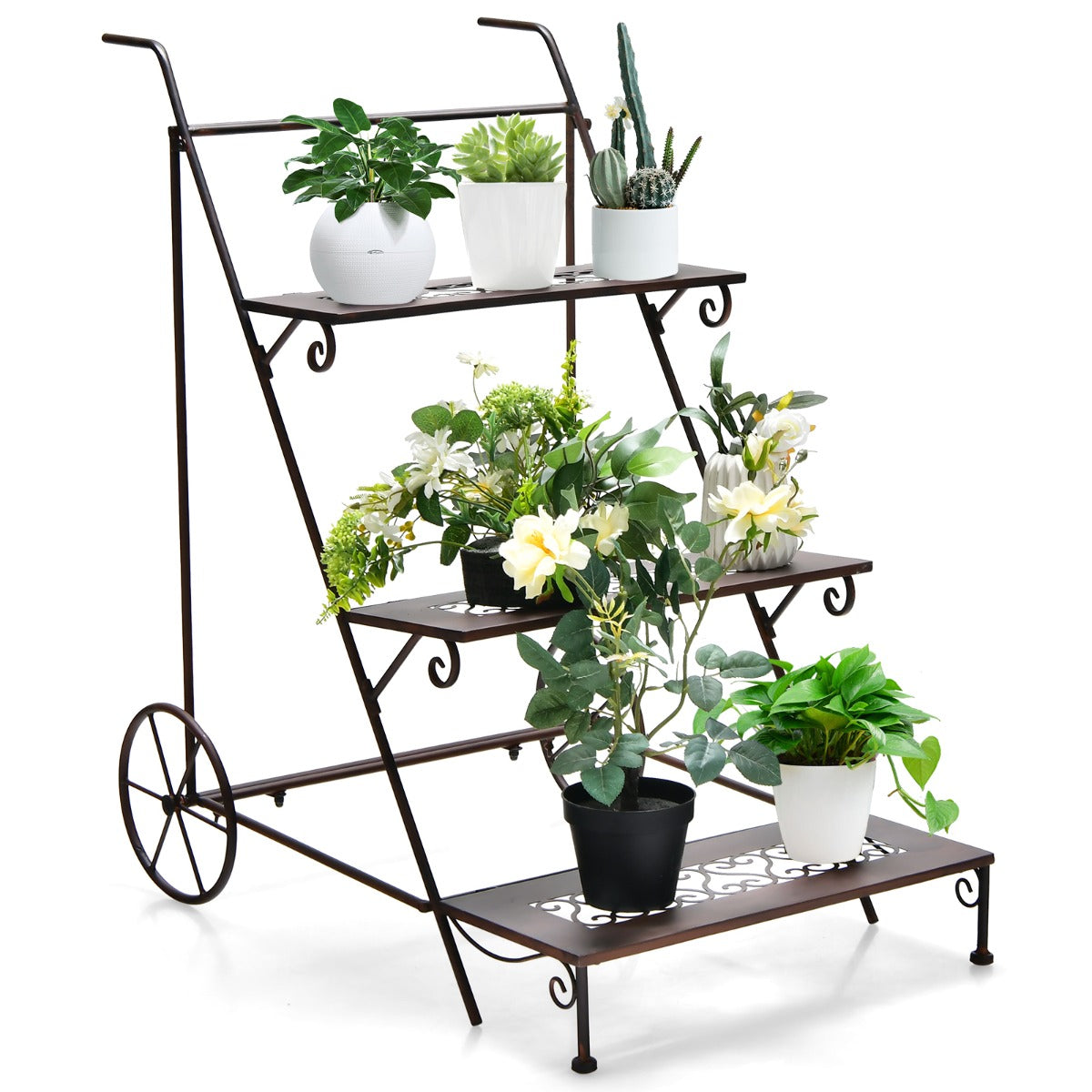 3-Tier Metal Ladder Shaped Plant Stand with Wheels & Handle