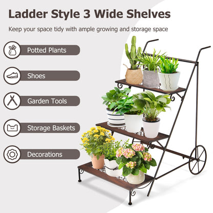 3-Tier Metal Ladder Shaped Plant Stand with Wheels & Handle