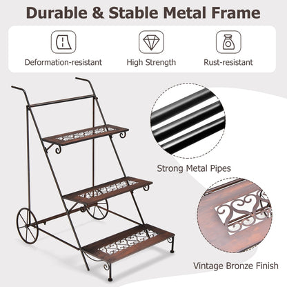 3-Tier Metal Ladder Shaped Plant Stand with Wheels & Handle