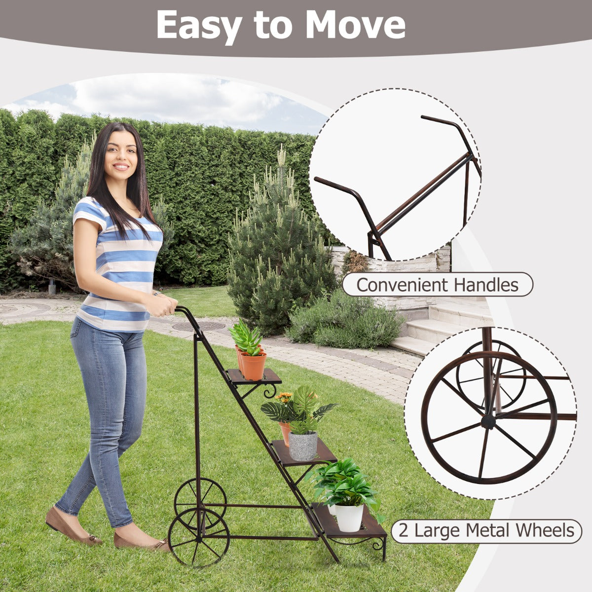 3-Tier Metal Ladder Shaped Plant Stand with Wheels & Handle