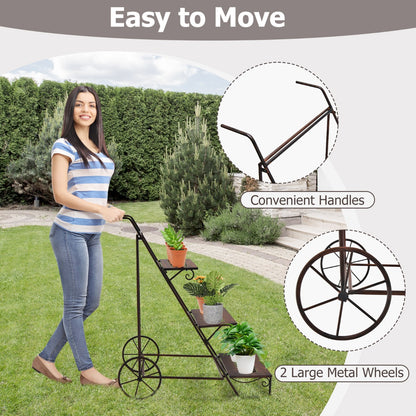 3-Tier Metal Ladder Shaped Plant Stand with Wheels & Handle