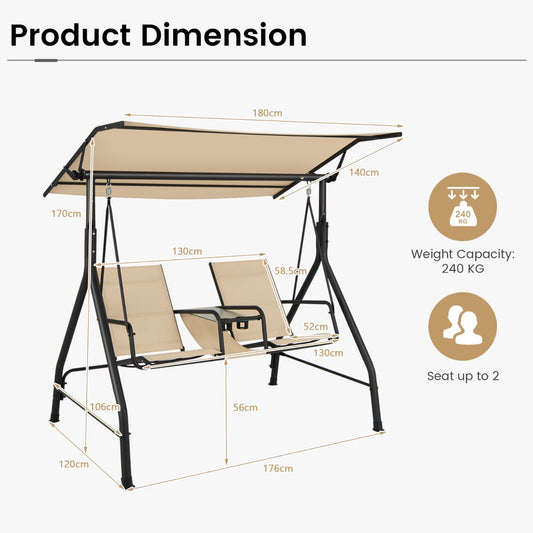 Beige outdoor patio swing chair for two with adjustable canopy, tempered glass table, cup holders, and storage shelf