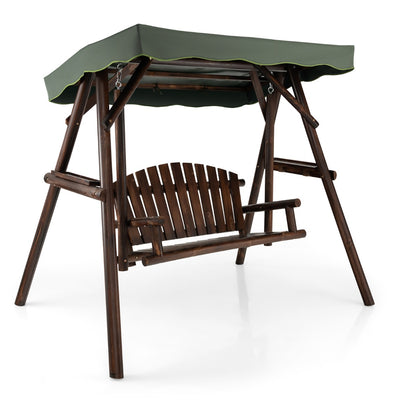 2 Person A-frame Wooden Garden Swing Chair with Adjustable Canopy