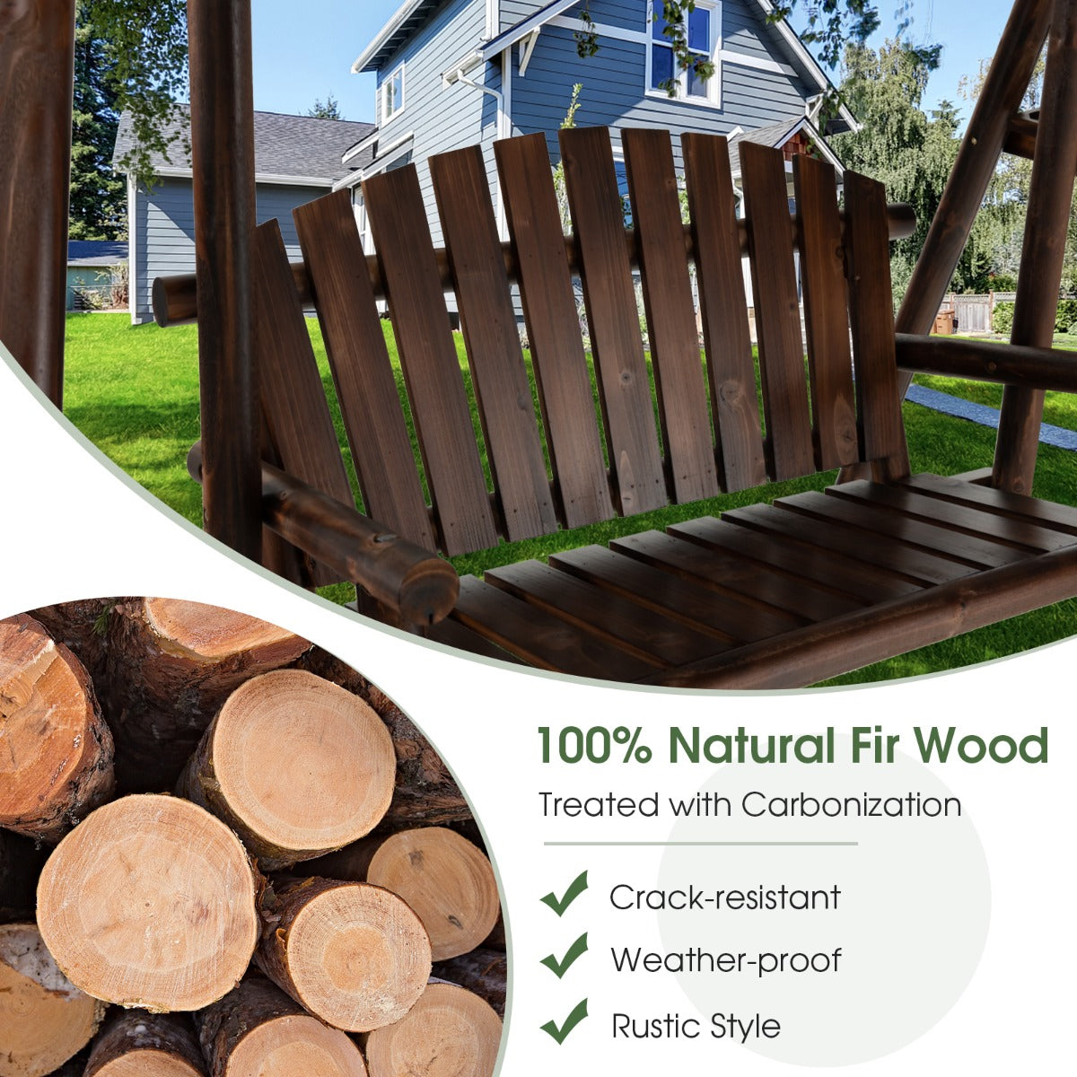 2 Person A-frame Wooden Garden Swing Chair with Adjustable Canopy