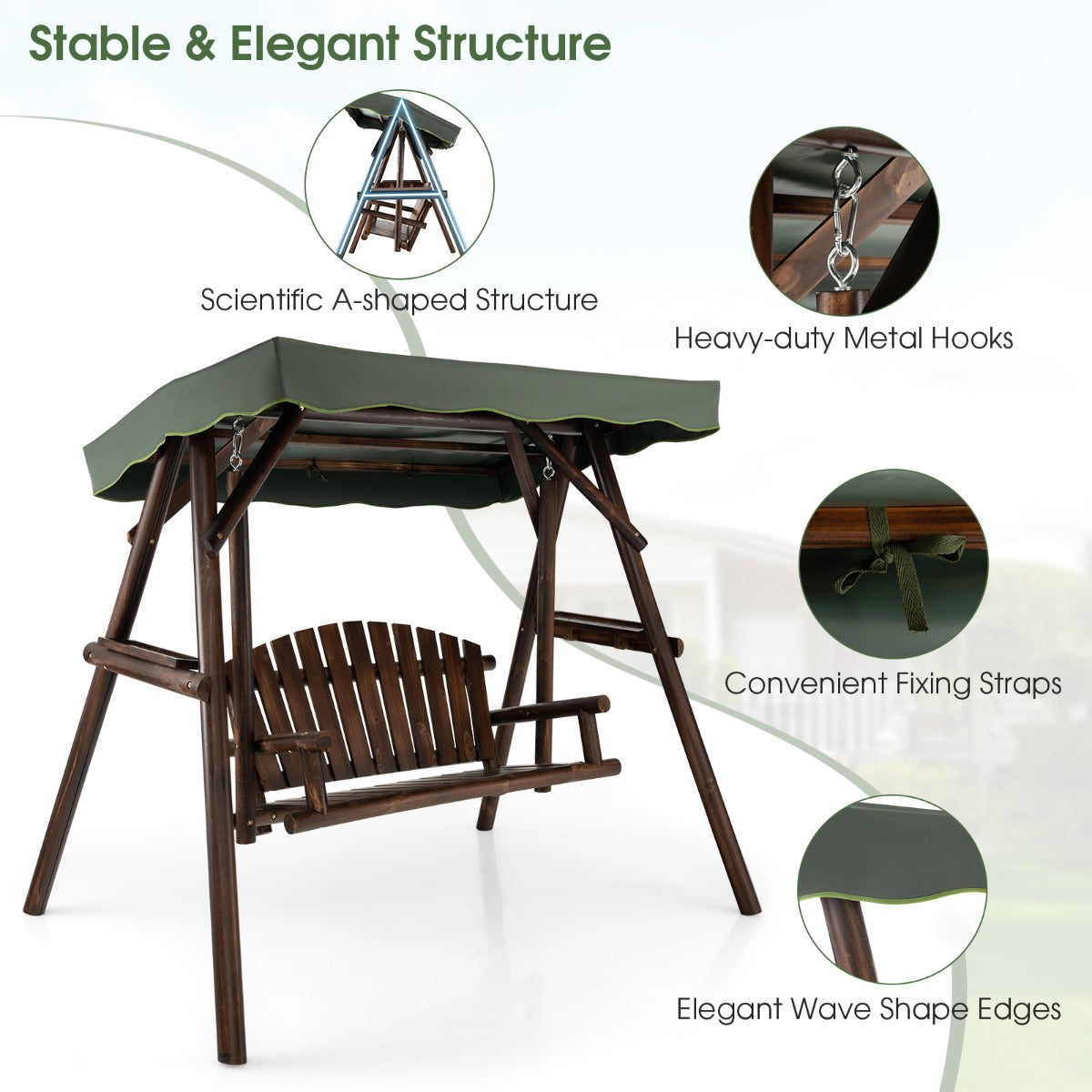 2 Person A-frame Wooden Garden Swing Chair with Adjustable Canopy
