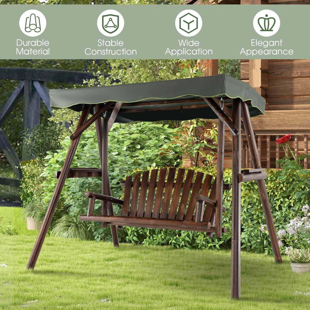 2 Person A-frame Wooden Garden Swing Chair with Adjustable Canopy