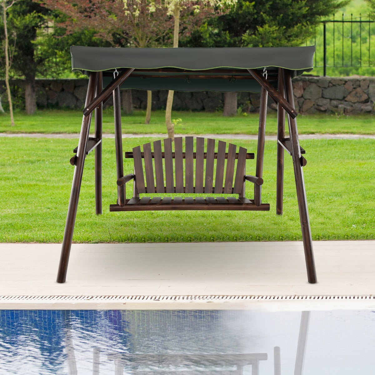 2 Person A-frame Wooden Garden Swing Chair with Adjustable Canopy
