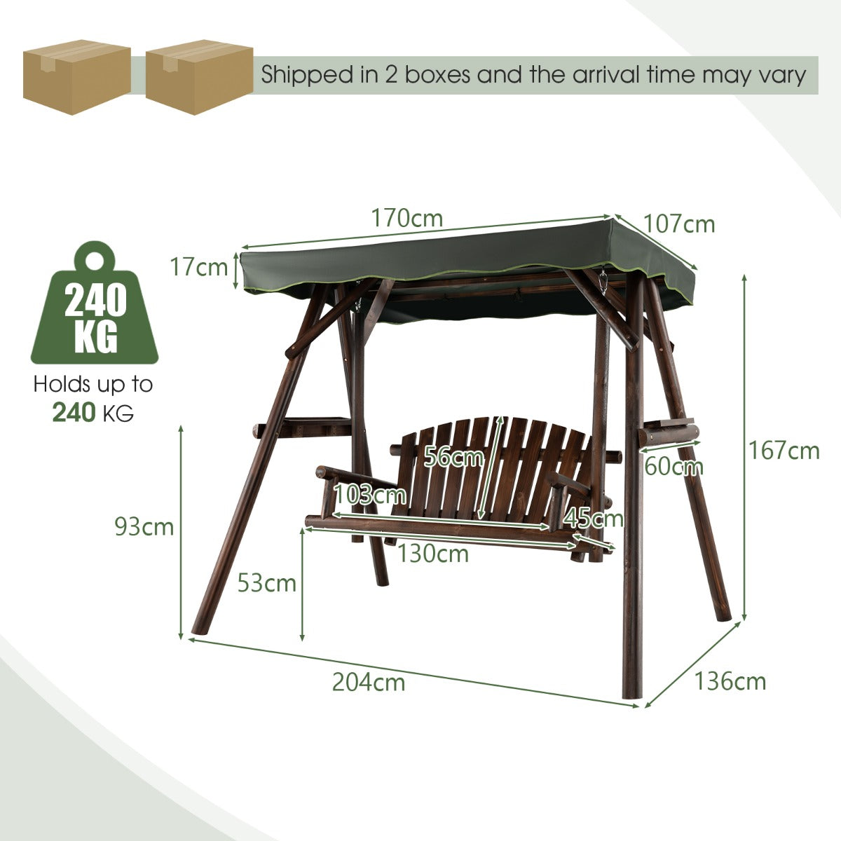 2 Person A-frame Wooden Garden Swing Chair with Adjustable Canopy