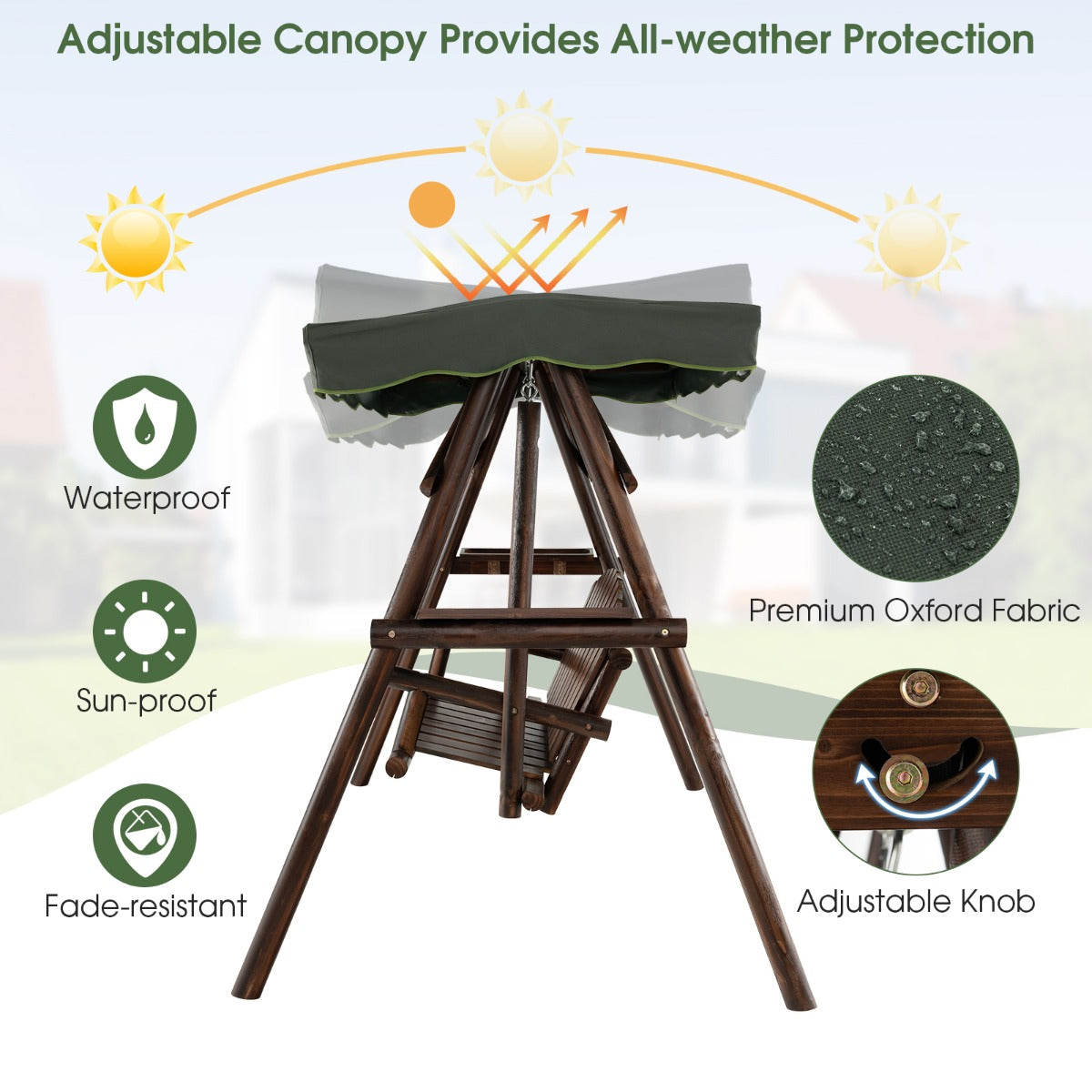2 Person A-frame Wooden Garden Swing Chair with Adjustable Canopy