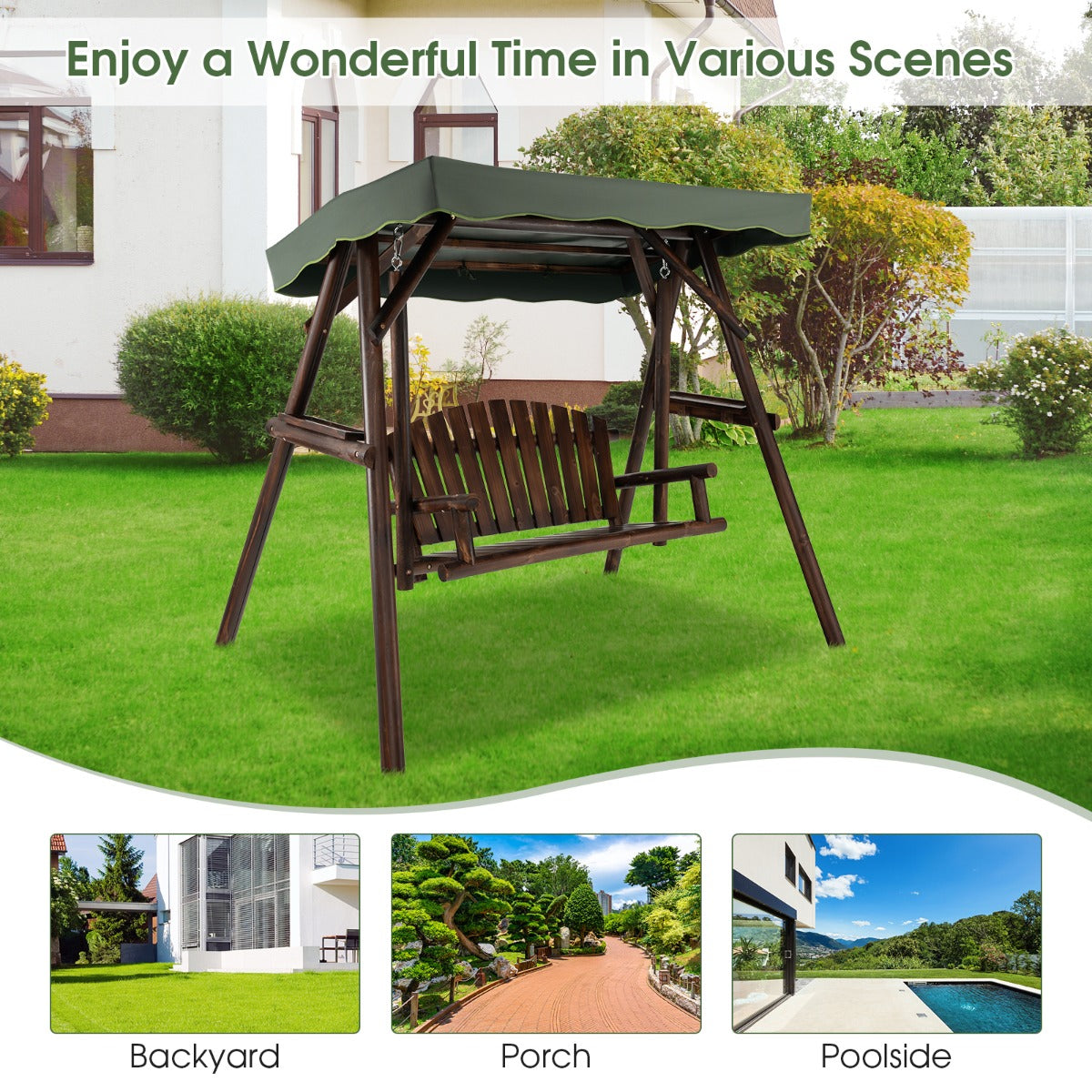 2 Person A-frame Wooden Garden Swing Chair with Adjustable Canopy