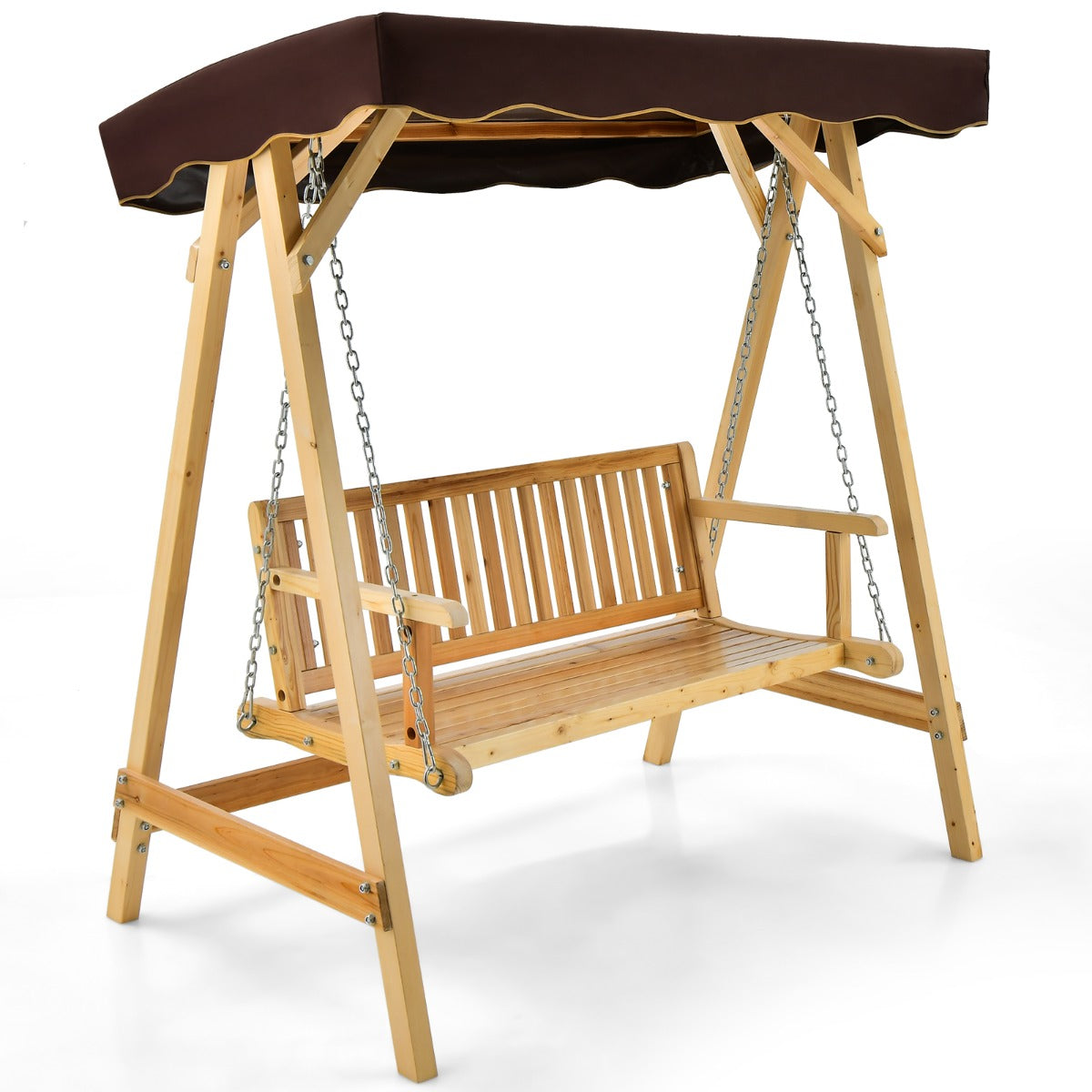 2-Person Wooden Swing Chair with Canopy & Armrests