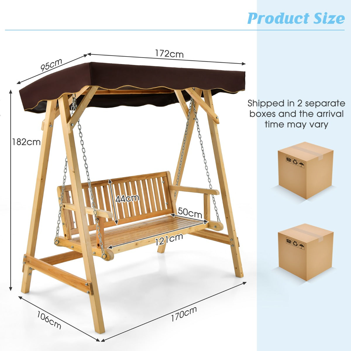 2-Person Wooden Swing Chair with Canopy & Armrests