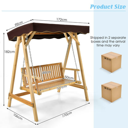 2-Person Wooden Swing Chair with Canopy & Armrests