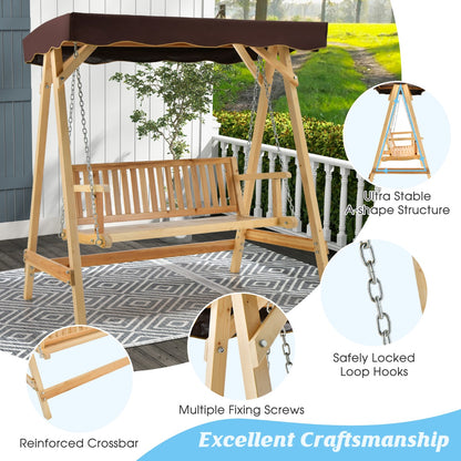 2-Person Wooden Swing Chair with Canopy & Armrests