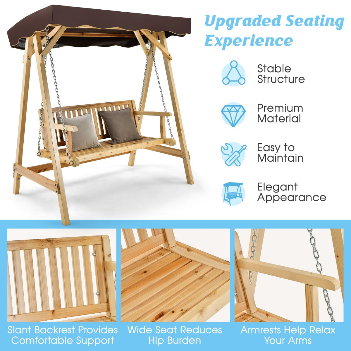 2-Person Wooden Swing Chair with Canopy & Armrests