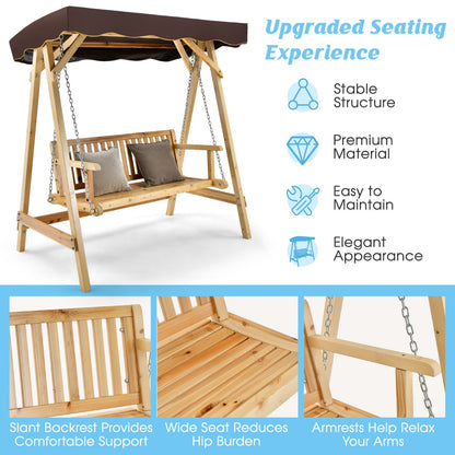 2-Person Wooden Swing Chair with Canopy & Armrests