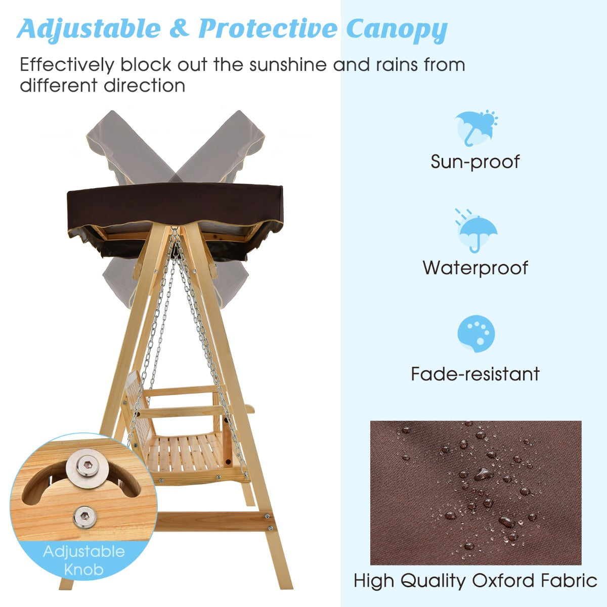 2-Person Wooden Swing Chair with Canopy & Armrests