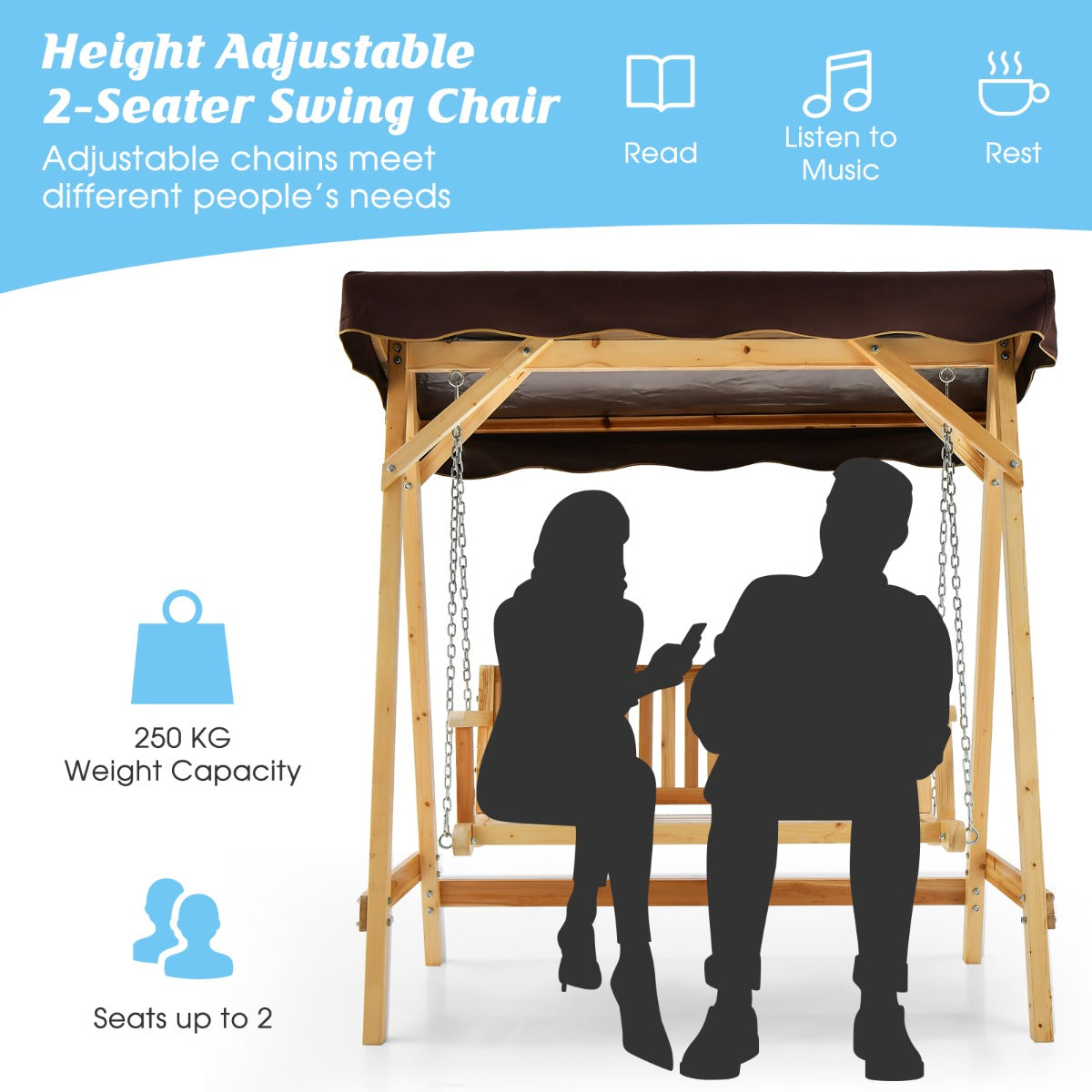 2-Person Wooden Swing Chair with Canopy & Armrests