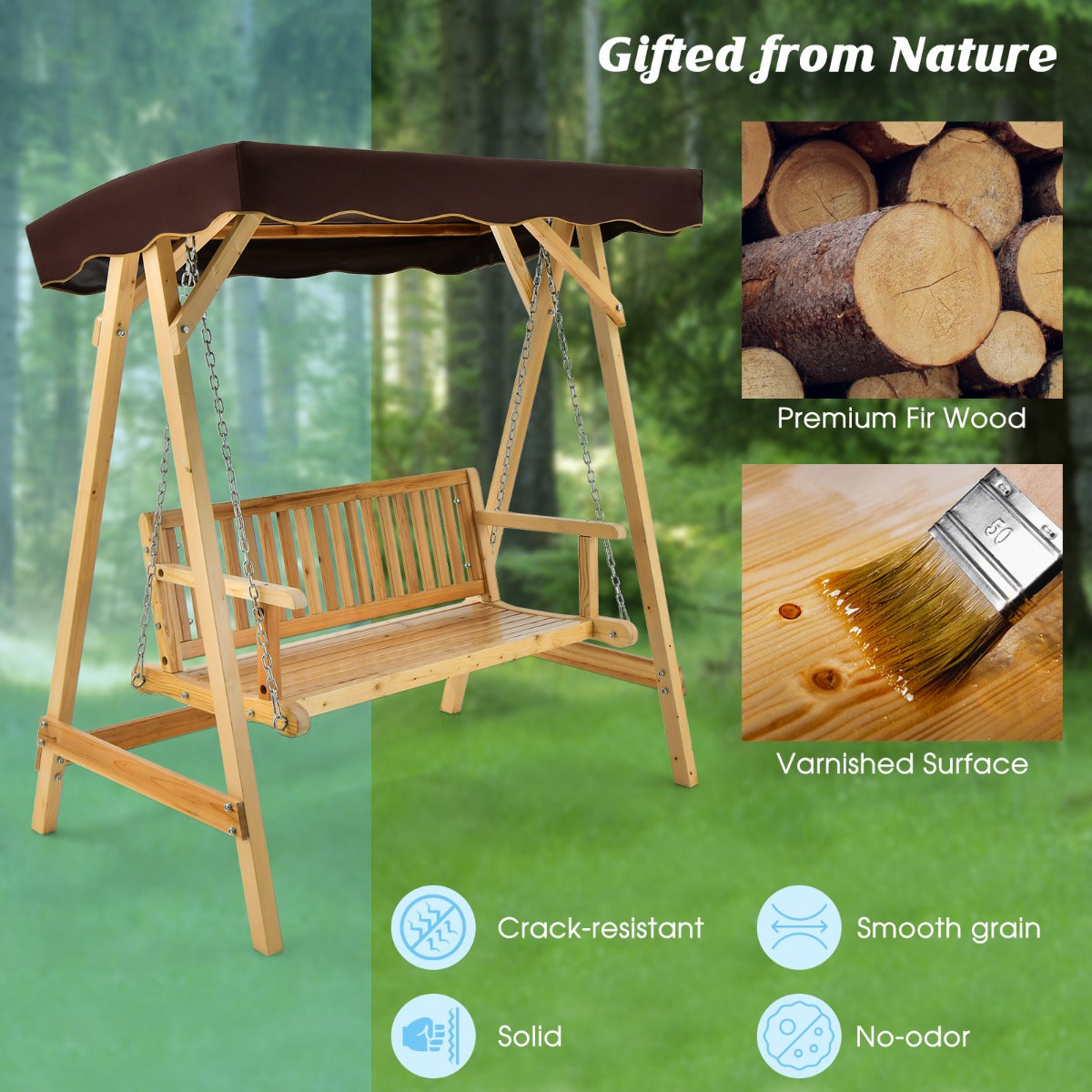 2-Person Wooden Swing Chair with Canopy & Armrests