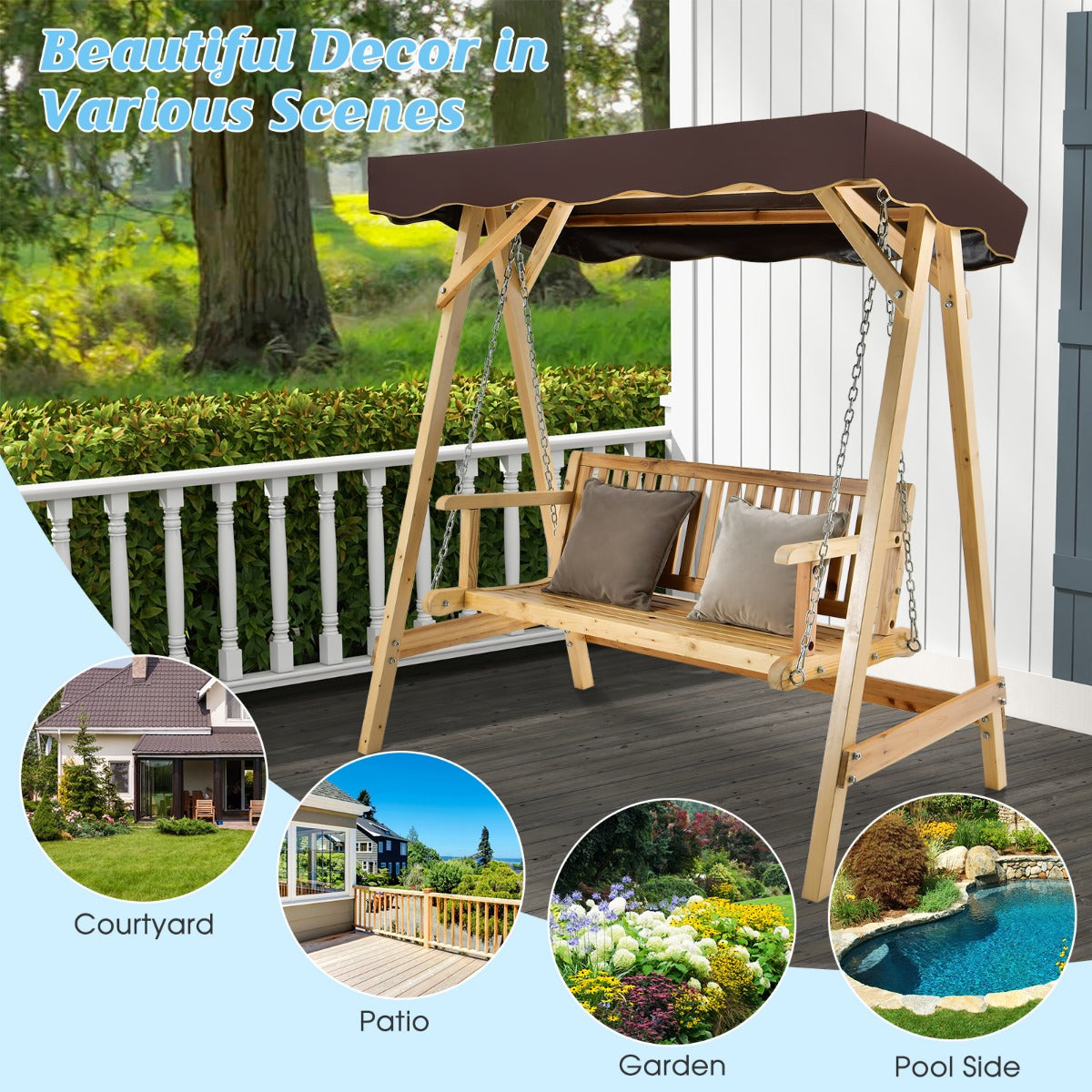 2-Person Wooden Swing Chair with Canopy & Armrests