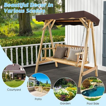 2-Person Wooden Swing Chair with Canopy & Armrests