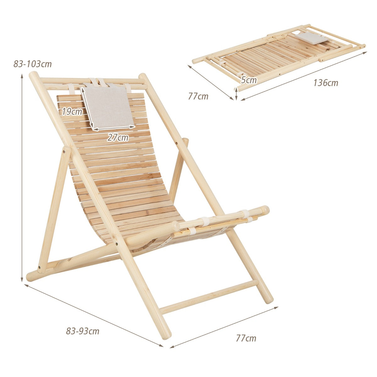 Folding Outdoor Adjustable Sling Chair with Cushioned Headrest