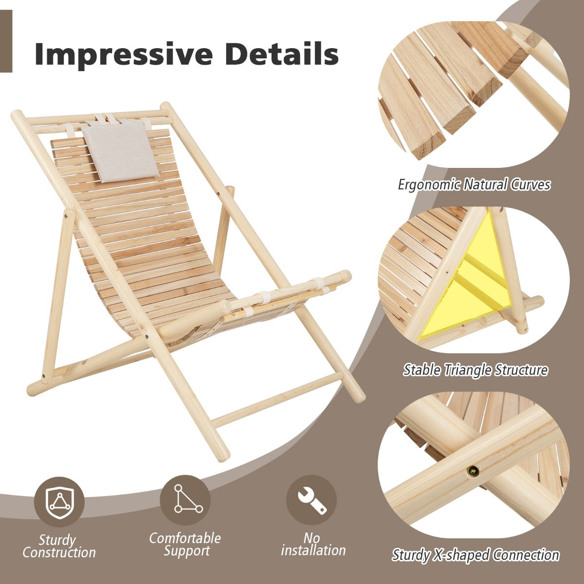 Folding Outdoor Adjustable Sling Chair with Cushioned Headrest