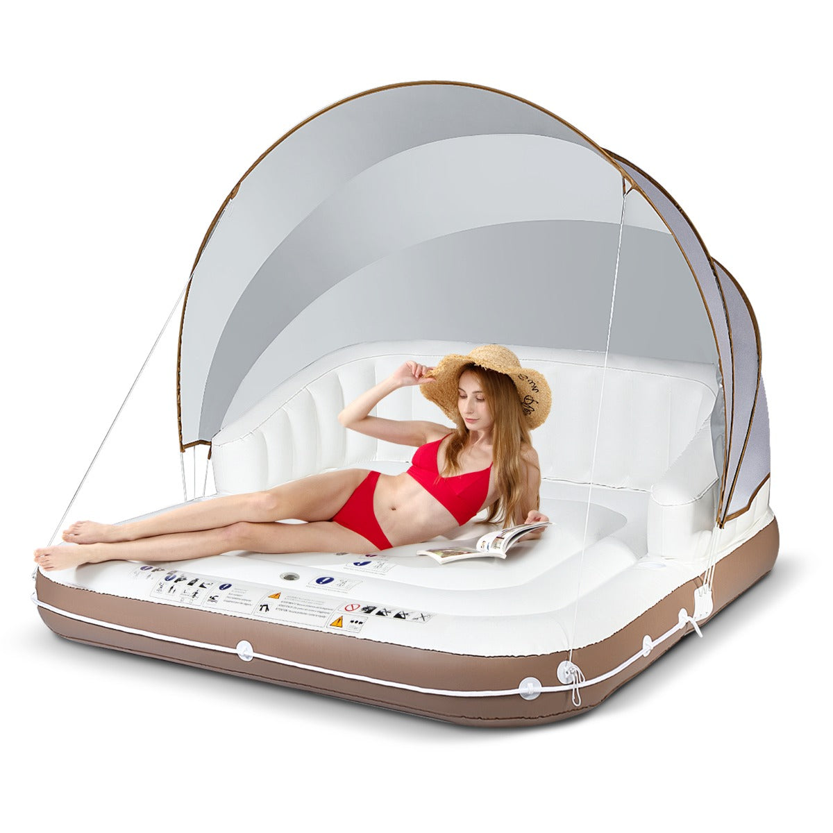 Costway Inflatable Pool Floating Lounge Chair with 2 Cup Holders Retractable Canopy