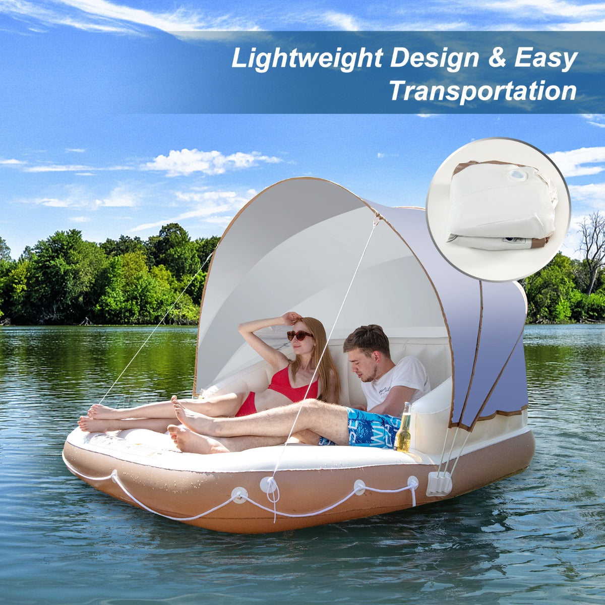 Costway Inflatable Pool Floating Lounge Chair with 2 Cup Holders Retractable Canopy