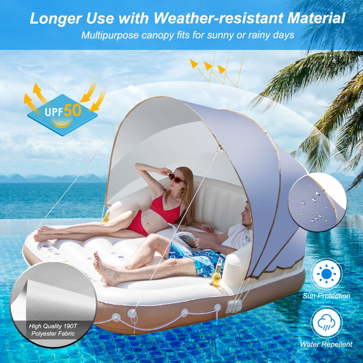 Costway Inflatable Pool Floating Lounge Chair with 2 Cup Holders Retractable Canopy